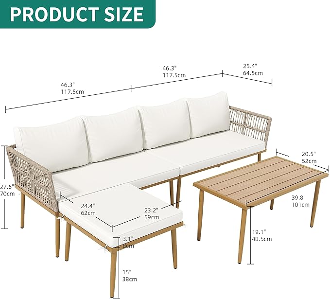 YITAHOME Patio Furniture Set, 6 Pieces Outdoor Rattan Woven Sectional Sofa Patio Loveseat with Ottoman and and Side Table, Conversation Set for Backyard, Porch, Boho - Beige YITAHOME