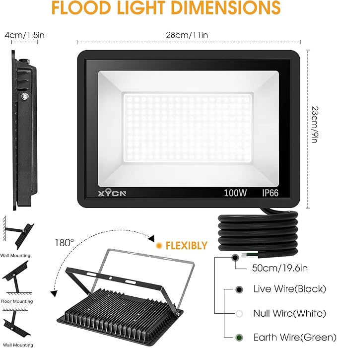 4 Pack 100W LED Flood Light, IP66 Waterproof Outside Flood Light, 12500LM Super Bright Outdoor Security Lights, 5000K Daylight White Floodlight for Yard Garden Playground Basketball Court Patio XYCN