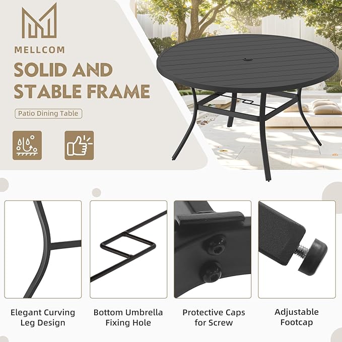 MELLCOM 53'' Round Outdoor Dining Table for 6, Metal Patio Dining Table with Umbrella Hole, All-Weather Black Table for Porch, Garden, Backyard, Poolside, Lawn MELLCOM