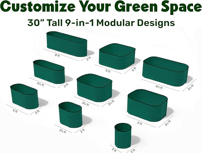 9-in-1 Galvanized Raised Garden Beds Outdoor // 8×2×2.5 ft Modular Planter for Gardening, Vegetables, Flowers // 32" Extra Tall Metal Raised Garden Bed (Dark Green) // Patented Design Planter Box PlantPlot