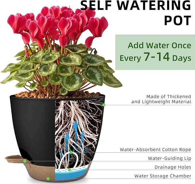 Plant Pots 8/7.5/7/6.5/6 Inch Self Watering Pots,5 Pack Planters with Drainage Holes and Saucers,Plastic Flower Pots,Nursery Planters for Indoor Outdoor Plants (Black) Rootora