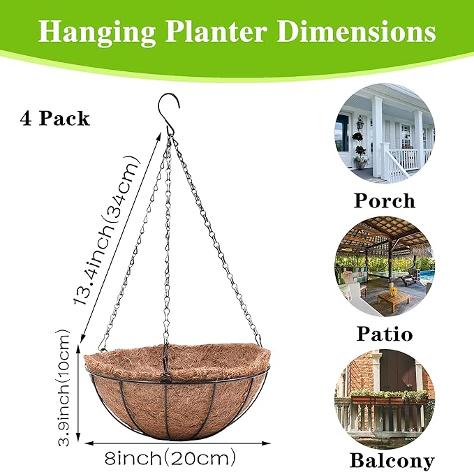 4 Pack Hanging Planter Basket with Coco Coin Liner 8 inch Hanging Flower Pots Outdoor Decorative Round Wire Plant Holder with Chain Metal Hanging Baskets for Plants Outdoor EIMQUVW