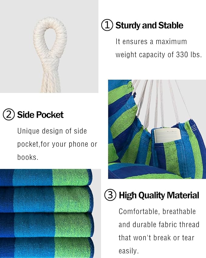Halalona Hammock Chair Hanging Hammock Chair Rope Swing 2 Cushions Included-Sturdy & Durable Soft Cotton Hand Woven Hammock Swing for Bedroom, Porch, Patio-Indoor/Outdoor Halalona