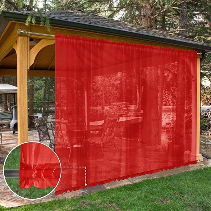 SpaceDresser Waterproof Outdoor Sheer Curtains for Patio - 2 Panels Rod Pocket Indoor Voile Sheer Curtain for Living Room,100W x 108L inch, Red SpaceDresser