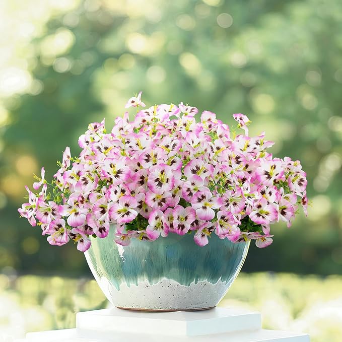 12 Bundles Artificial Pansy Flowers for Outdoor, Faux Silk Pansies Spring Flowers for Outside for Planter Front Door Porch Patio Yard Window Box Home Decor (Pink) Griine