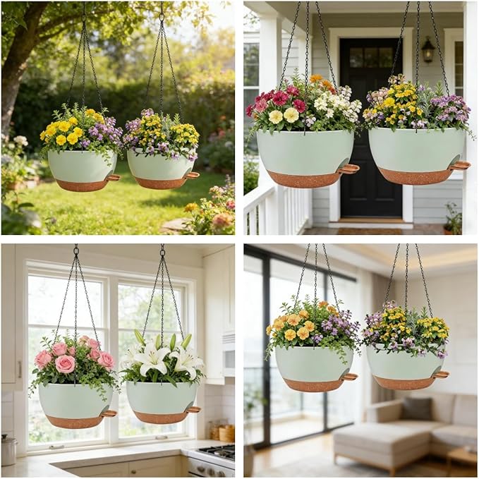 2 Pack 12 Inch Self Watering Hanging Planters for Indoor Plants, Large Green Brown Plastic Hanging Pots with Chains for Outdoor Patio Garden Home Decor Green Brown zople