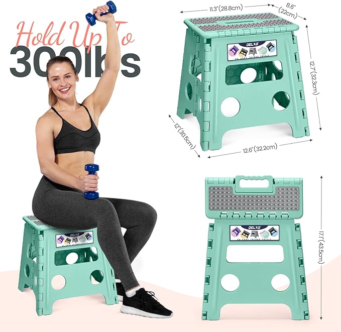 Delxo Folding Step Stool 13 Inch Non-Slip Foldable Stools for Kids & Adults Up to 300 LBS Kitchen Collapsible Fold Up Stepping Stool with Dotted 1 Pack Green Delxo