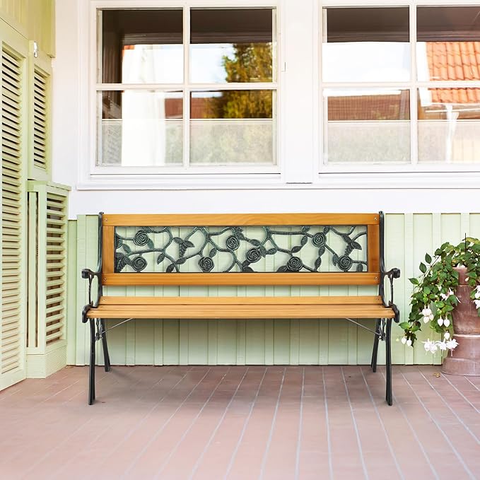 VINGLI Outdoor Bench Metal Garden Bench, Wood Patio Benches w/PVC Backrest Cast Iron Love Seat Park Benches for Porch Yard (Rose) VINGLI