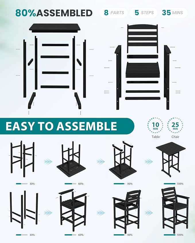 SERWALL 5-Piece Adirondack Bar Chairs Set, HDPE Adirondack Barstools with Pub Table, Outdoor Patio Bar Furniture for Bistro, Balcony, Poolside, Garden - Black SERWALL