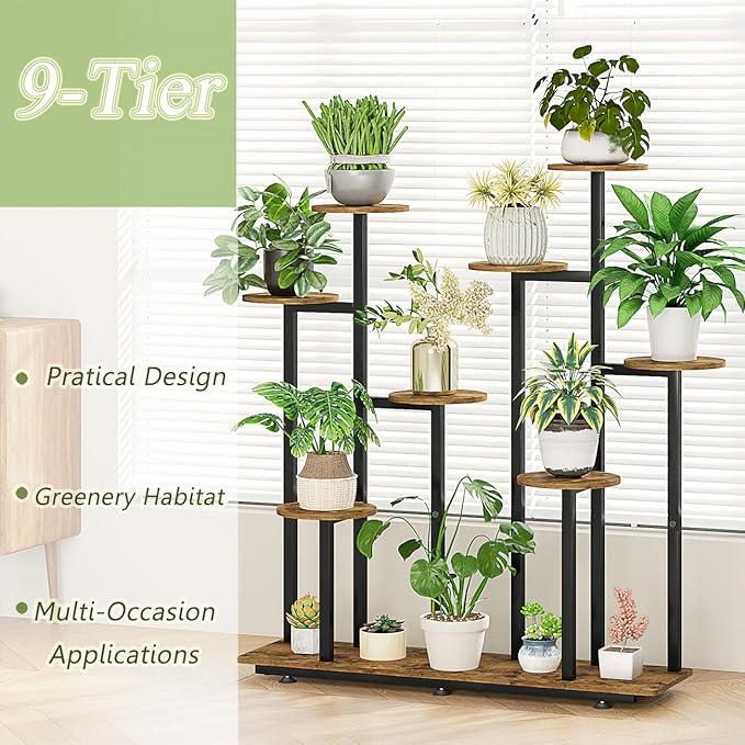 Plant Stand Indoor 9 Tier 11 Potted Multiple Flower Pot Holder for Patio Garden Balcony Living Room Corner (9 Tier Black+Rustic Brown) INGIORDAR