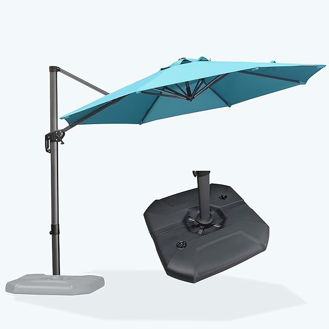 PURPLE LEAF 10 Feet Cantilever Umbrella with Base Outdoor Patio Round Umbrella Aluminum Offset with 360-degree Rotation for Garden Deck Pool Patio,Turquoise Blue PURPLELEAF