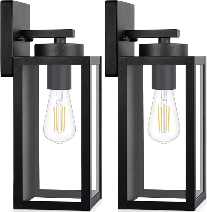 Outdoor Wall Light Fixtures, Exterior Waterproof Wall Lanterns, Porch Sconces Lighting with E26 Sockets & Glass Shades, Modern Matte Black Outside Lights for Patio Front Door Entryway Garage, 2-Pack BringYouBrightFuture
