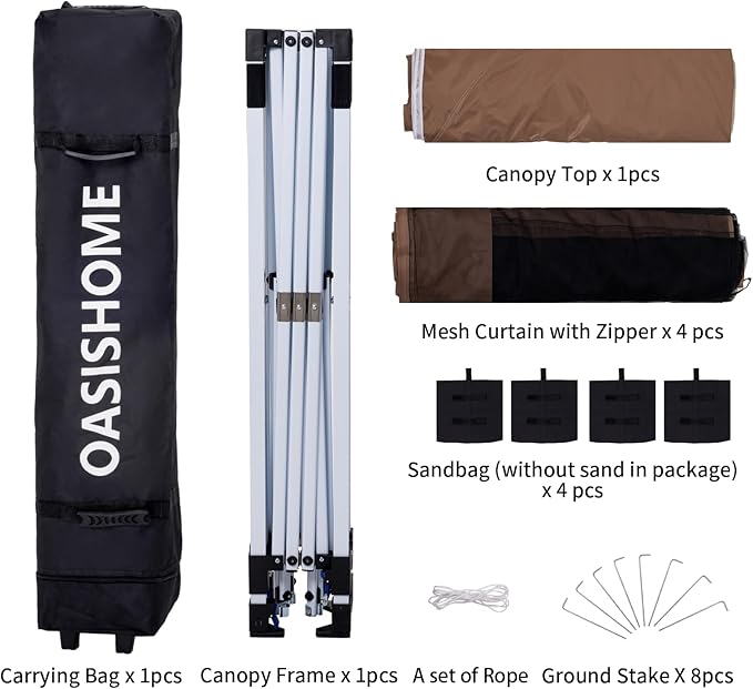 OASISHOME 10'x10' Pop-Up Gazebo Canopy Tent with Netting Sidewalls & Wheeled Bag,Weight Bag, Stakes, Ropes, Waterproof, UV Protection, Heavy-Duty Steel Frame for Backyard/Outdoor/Parties (Khaki) OASISHOME