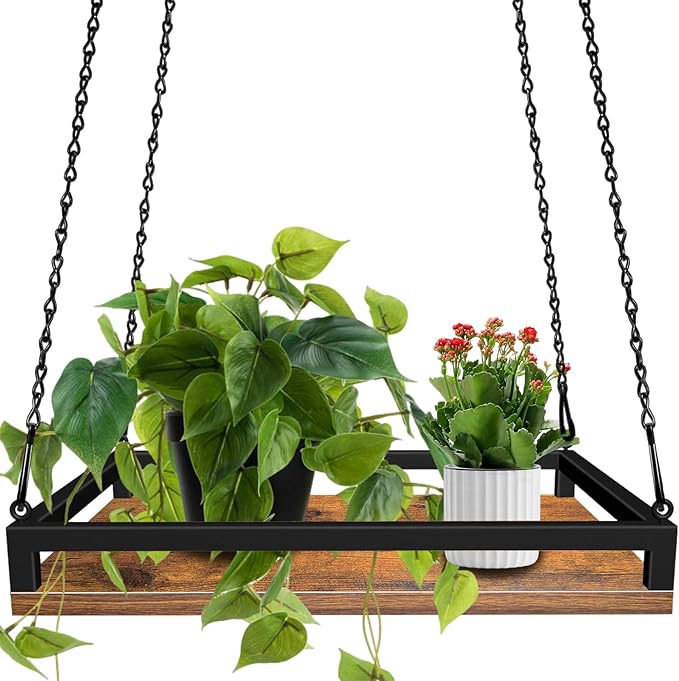 Plant Hanger Indoor, 16" Wooden Hanging Plant Holder with Metal Frame Large Hanging Planter for Indoor Plants Load 50LB Hanging Plant Shelf with 27.6" Long Chain, Ideal for Heavier Pots Window Ceiling Lilybud--lily
