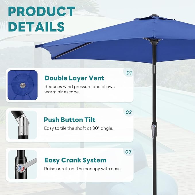 OLIXIS 7.5ft Patio Umbrella with Tilt and Crank Button & 8 Sturdy Ribs Waterproof, Patio Table Umbrella Perfect for Poolside, Terrace, Beach and Outdoor Restaurant, Blue OLIXIS