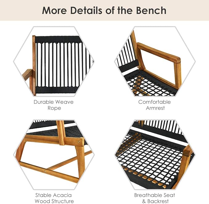 Tangkula 2-Person Patio Acacia Wood Bench Loveseat Chair, Outdoor Patio Bench Acacia Wood Bench in Teak Oil Finish, Patio Loveseat Rope Bench for Balcony Deck Poolside Porch (Black) TANGKULA