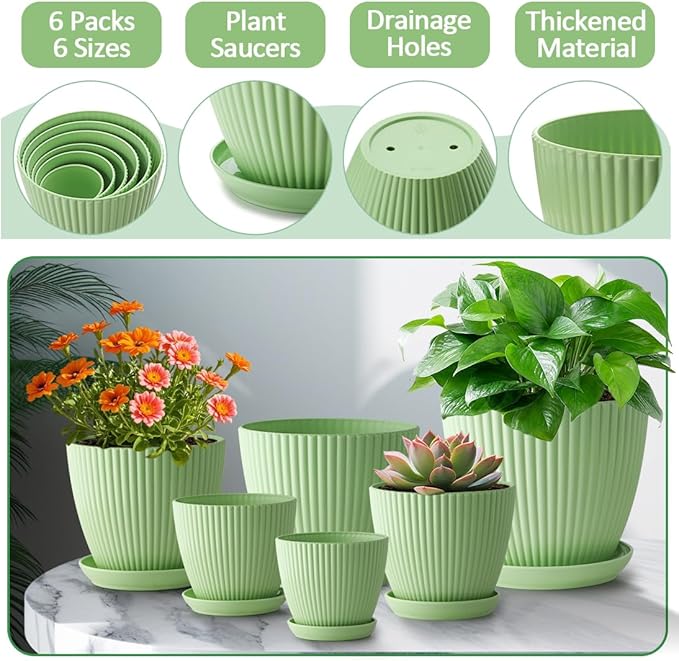 7.5/6.5/5.5/4.9/4.2/3.5 Inch Plant Pots with Saucers & Drain Holes - Indoor/Outdoor Flower Pots for Succulents, Herbs, Cactus - Modern Lightweight Durable Planter Set, Green RooTrimmer