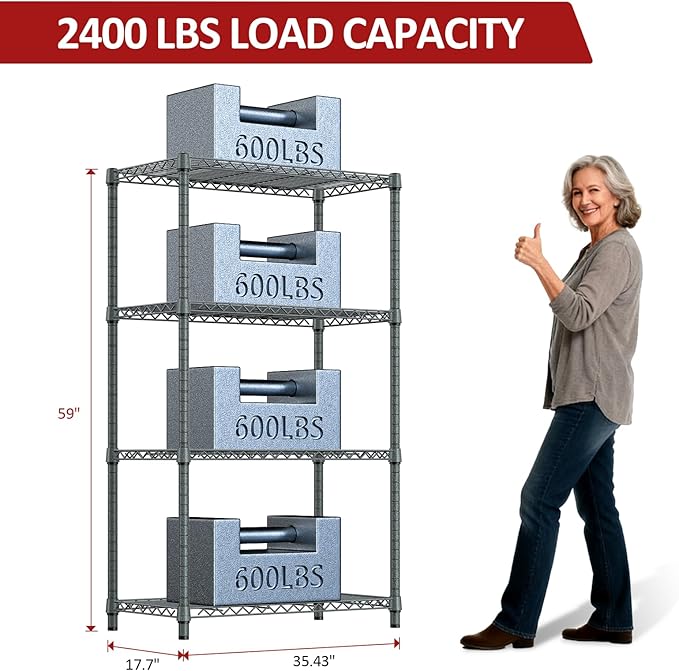 IZEUK 4-Tier Outdoor Metal Storage Shelving Unit, Heavy Duty Wire Rack Organizer with Rust-Resistant and Corrosion-Proof Coating (Grey, 17.7" D x 35.43" W x 59" H) IZEUK