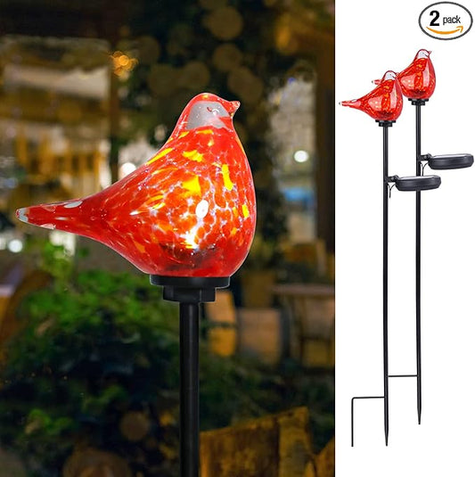 Bshine Solar Garden Decoration Outdoor Cardinal Lights, Hand Blown Glass Waterproof Solar Light Stake Red Cardinal Decorate Paths, Pathways, Lawns and Yards Art for Mom Gift, 2 Pack Bshine