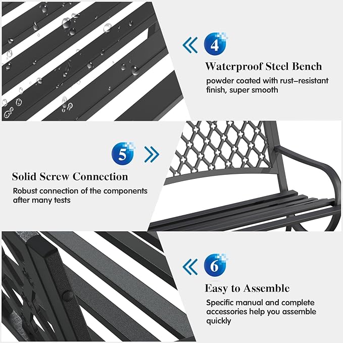 On Shine 50'' Patio Garden Bench, Loveseats Patio Park Bench,Black Steel Cast Iron Frame Bench,Metal Bench Outdoor for Porch Yard Lawn Deck (Grid) Rootora