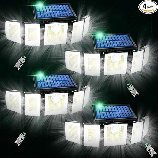 Solar Lights Outdoor Waterproof Motion Sensor - 416 LEDs 3000 Lumens Super Bright 3 Brightness 3 Modes 2400mAh 360° Illumination 32ft Solar Flood Security Light for Outside (‎With Remote Control, 4) MDCMDCMSolarLightsOutdoor