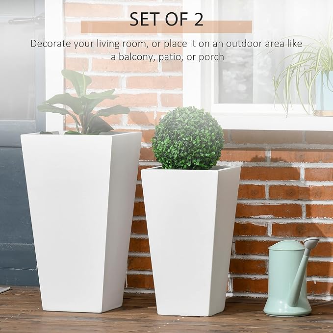 Outsunny 2-Pack Outdoor Planter Set, Flower Pots with Drainage Holes, Durable & Stackable Plant Pot, 22in & 18in, for Porch, Entryway, Patio, Yard, Garden, White Outsunny