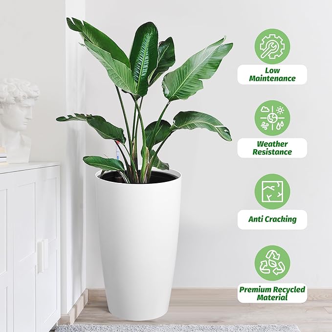 GarveeLife Set of 2 Tall Planters for Outdoor Plants, 22 in Large Planters for Outdoor Indoor Plants with Water Level Monitor ＆ Inner Bucket, Automatic Watering, for Porch, Patio, Backyard, White GarveeLife
