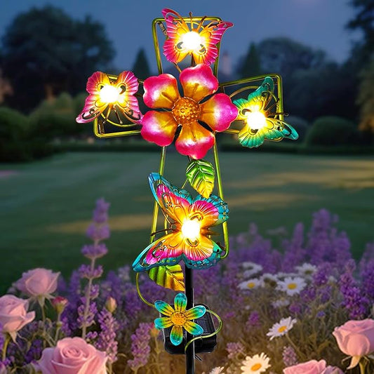 Solar Butterfly Cross Garden Stake Light, Metal Cross Cemetery Decorations for Grave Outdoor Lights, Sympathy Memorial Gifts, for Garden Lawn Yard Patio Decor YJFWAL