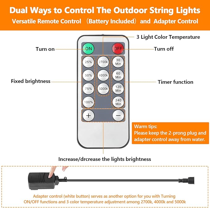 Lakumu 2-Pack 3 Color Dimmable LED Outdoor String Lights for Patio with Remotes, 96FT Waterproof Hanging Lights with Shatterproof Edison Bulbs for Bistro Backyard-Warm White/Neutral White/Daylight Lakumu