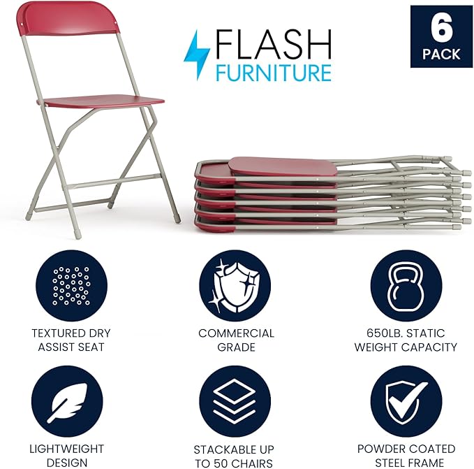 Flash Furniture Hercules Series Plastic Folding Chair - Red - 6 Pack 650LB Weight Capacity Comfortable Event Chair-Lightweight Folding Chair FlashFurniture