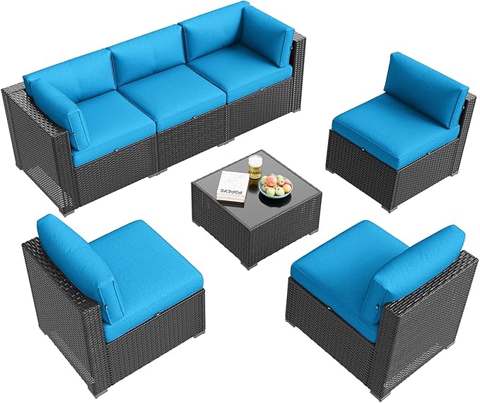 Aoxun Patio Furniture Set, 7 Piece Outdoor Sectional Sofas with Waterproof Cover, Wicker Rattan Outdoor Furniture Patio Conversation Set for Backyard, Garden Peacock Blue Aoxun