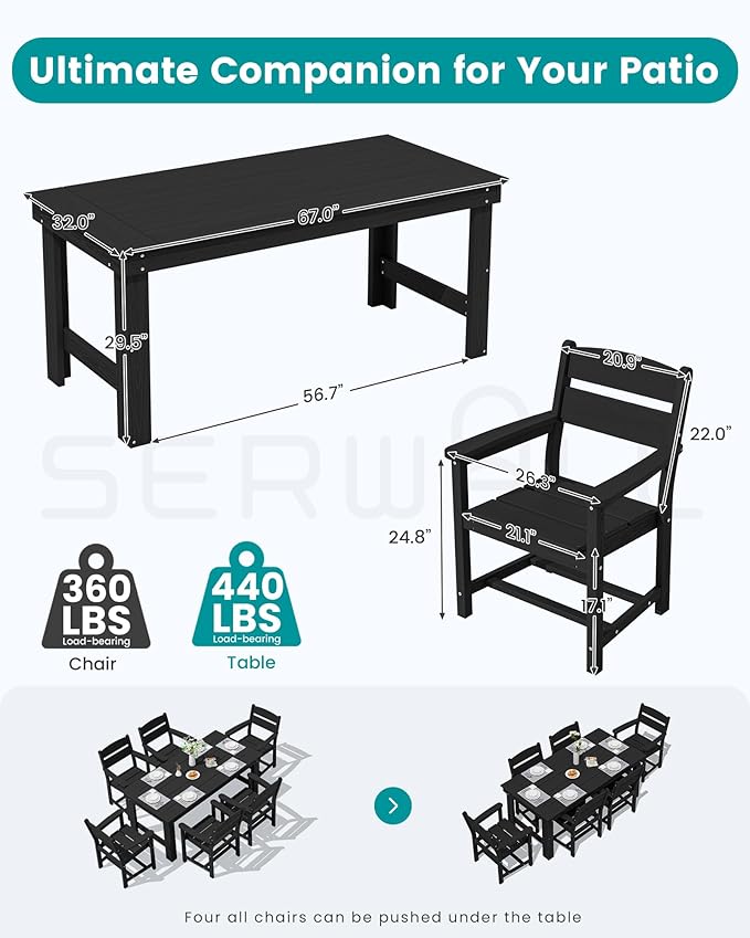 SERWALL Outdoor Dining Table Set, 67‘’ HDPE Patio Dining Set for 4, All-Weather Outdoor Table and Chairs Set for Deck, Black SERWALL