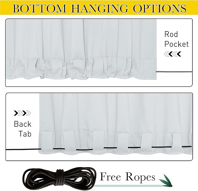 NICETOWN 2 Panels Outdoor Curtains Waterproof Pocket & Back Tab on Top & Bottom, Thermal Insulated Windproof Sun Blocking Outside Privacy Drapes for Patio with Fixed Rope, W84 x L95, Greyish White NICETOWN