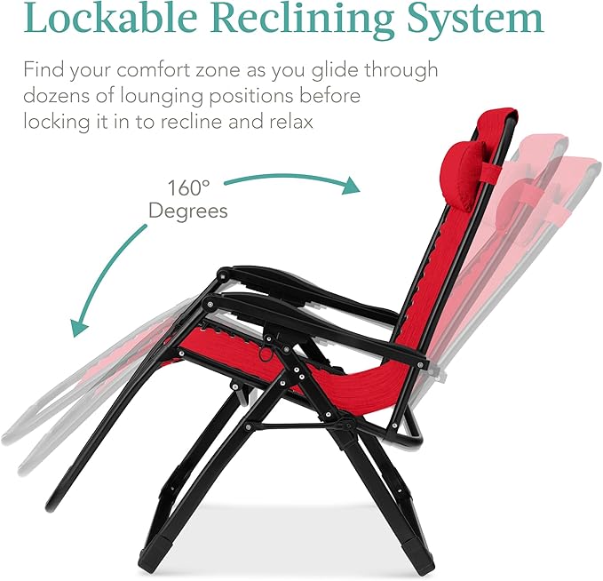 Best Choice Products Oversized Zero Gravity Chair, Folding Outdoor Patio Recliner, XL Anti Gravity Lounger w/Removable Cushion, Cup Holder, Side Tray, 350lb Capacity - Crimson Red BestChoiceProducts