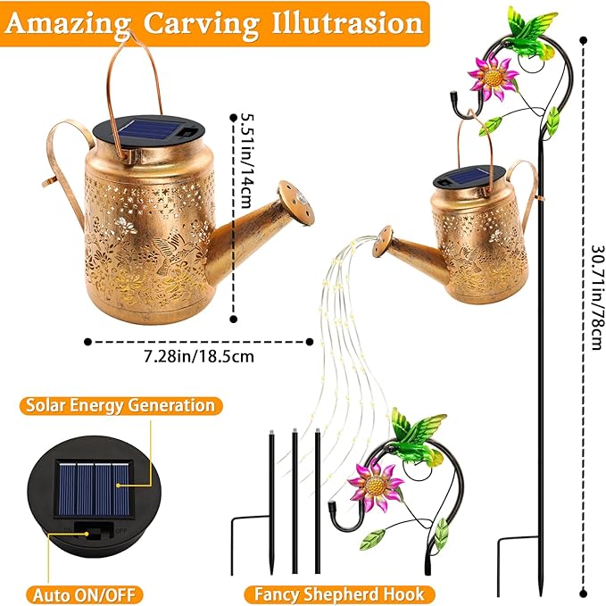 Solar Powered Hummingbird with Flowers Watering Can Lights Waterproof Outdoor Garden Decor with Shepherd Hook, Hanging Lights for Yard, Porch, Backyard Perfect Christmas Gift for Women, Mom, Grandma YJFWAL