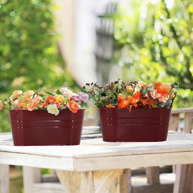 3 Pack Metal Railing Planters, 10.5" Oval Hanging Flower Pots with Detachable Hooks & Drainage Holes, Fits Rails up to 2.36", Galvanized Iron Fence Bucket for Balcony Garden Patio - Red MeltsetM