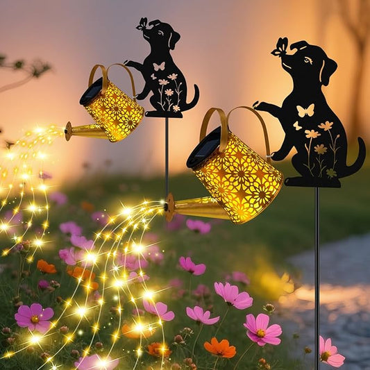 Solar Lights Outdoor Decorative, Watering Can with Cascading Lights, with Dog Silhouette Garden Stakes, Waterproof Metal Garden Decor 2 Pack OSTRITEC
