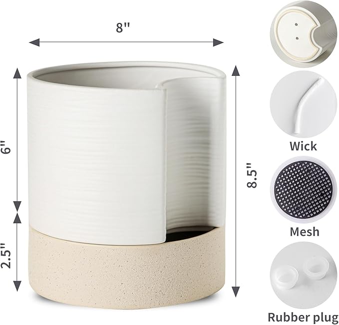 Nihow Self Watering Plant Pot: 8 Inch Ceramic Planter with Drainage Hole & Water Storage Plus for Indoor & Outdoor Plants - Cylinder Round Flower Pot for Succulent/Herbs/Violets - White & Brown Nihow