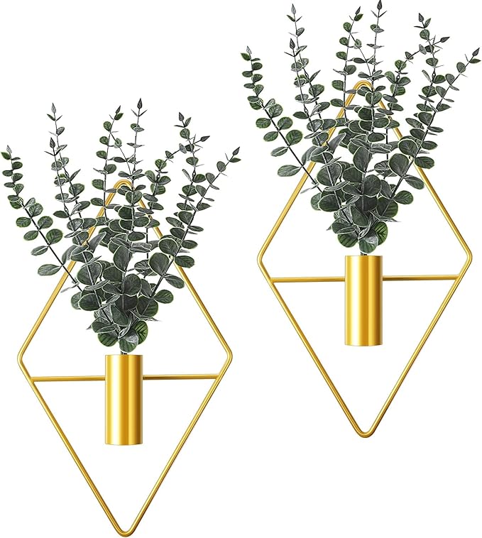 Jexine 8 Pcs Hanging Planters with Artificial Eucalyptus Metal Hanging Vase Indoor Plants Holder Modern Geometric Boho Bathroom Wall Decor for Living Room Home Office (Eucalyptus,Gold) Jexine