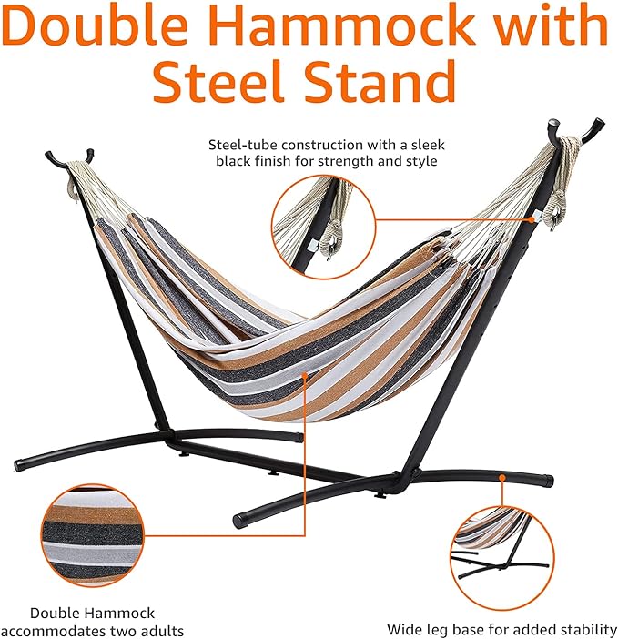 Amazon Basics Double Portable Hammock with Space Saving Steel Stand and Carrying Case, 2 Person, 470lb Capacity, Multi Color, 118" x 46" x 39" AmazonBasics