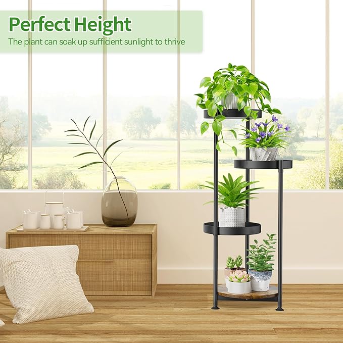 Plant Stand Indoor Outdoor Clearance, 4 Tier Metal Tall Flower Shelf Holder, Multiple Plant Round Corner Rack Organizer Display for Patio Orchid Office Porch Living Room Garden Balcony, Black Oppro