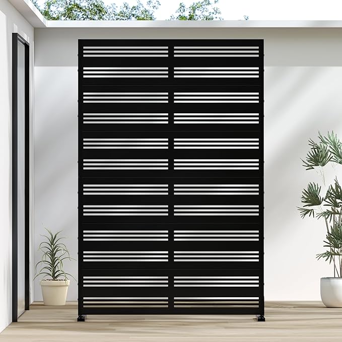 Casaphoria Metal Privacy Screen Outdoor, 72" H x 47" W Freestanding Decorative Privacy Screen for Patio Deck Balcony Garden with Stable Base, Black-Harold Casaphoria