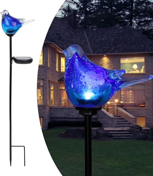 Afirst Solar Bluebird Garden Stake Lights - Hand Blown Glass Decorative Garden Pathway Lights Outdoor Waterproof Bird Glass Stakes Afirst