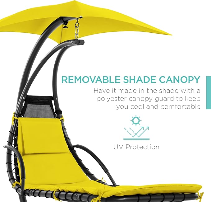 Best Choice Products Outdoor Hanging Curved Steel Chaise Lounge Chair Swing w/Built-in Pillow and Removable Canopy - Yellow BestChoiceProducts