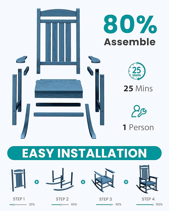 SERWALL Oversized Outdoor Rocking Chair, All-Weather Patio Rocking Chair, HDPE Porch Rocker for Adults, Blue SERWALL