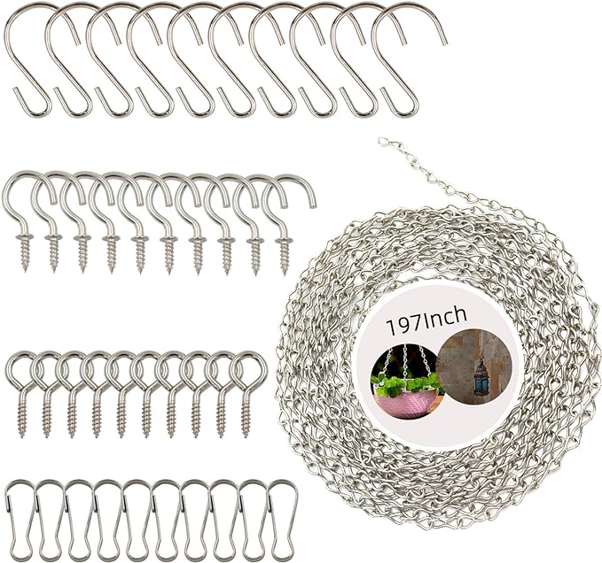 YINGFENG 197 Inch DIY Silver Hanging Basket Chains, Adjustable Length, Decorative Metal Chain with Hooks for Hanging Bird Feeders, Planters, Ornaments YINGFENG