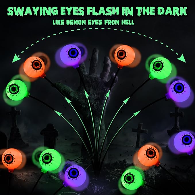 BrizLabs 6 Pack 36 LED Halloween Solar Eyeball Lights, 2 Modes Outdoor Halloween Pathway Lights, Solar Spooky Path Light Waterproof, Swaying Firefly Light for Yard Garden Lawn, Orange & Purple & Green BrizLabs