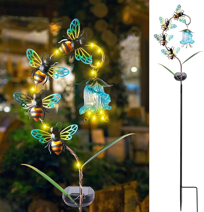 Bshine Solar Flower Outdoor Waterproof Bee Lights, Valentine's Day Garden Decorative Metal Stake Bee Hanging Flower, Yard Decorations Outdoor Patio, Courtyard, Pathway and Lawn Ornaments Bshine