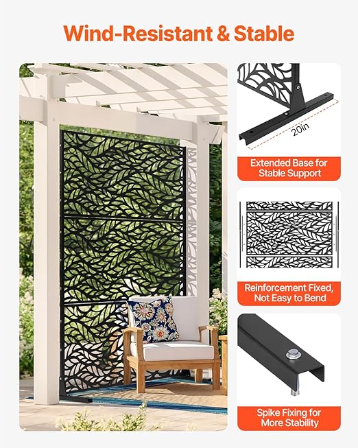 VEVOR Metal Privacy Screen, 47" W x 72" H, Outdoor Privacy Screens & Panels, Freestanding Outdoor Divider with Stand, 3-Panel Decorative Garden Steel Privacy Fence for Balcony Patio Indoor Room Black VEVOR