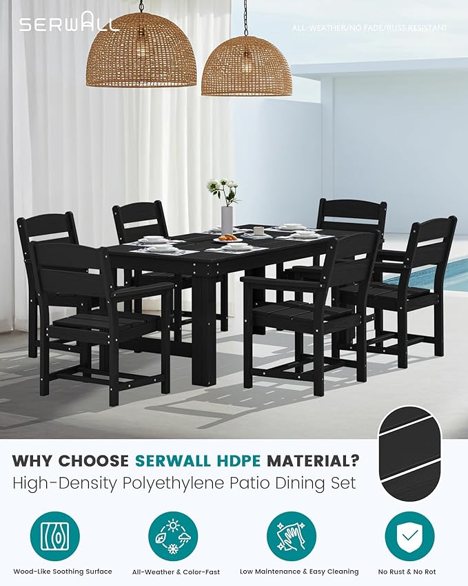 SERWALL Outdoor Dining Table Set, 67‘’ HDPE Patio Dining Set for 6, Wood-Like All-Weather Outdoor Table and Chairs Set for Lawn, Black SERWALL